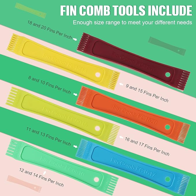 Fcr6 Fin Comb Plastic Colored Fin Coil Comb Straightener Condenser Coil Fin Comb and Air Conditioner Condenser Brush for Evaporator Condenser Coil, 6 Fin Comb on a Ring Handle 12 Different Fin Spacing