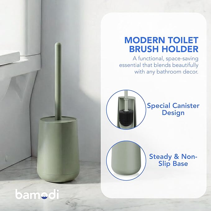 Bamodi Toilet Brush and Holder Set - Dense PP Brush Head with Holder - Efficient Stain and Odour Removal - Modern Design and Space-Saving - Keeps Toilet Bowl Spotless - 15x4x4 inches, Green