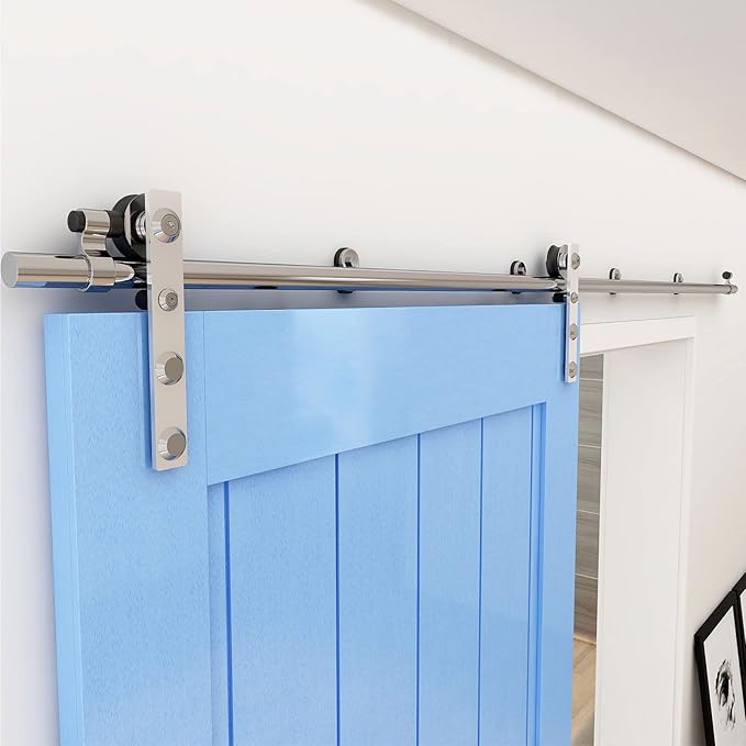 CCJH Stainless Sliding Barn Door Hardware Kit 8ft Heavy Duty for Single Wooden Door (Flat Shape Hanger)