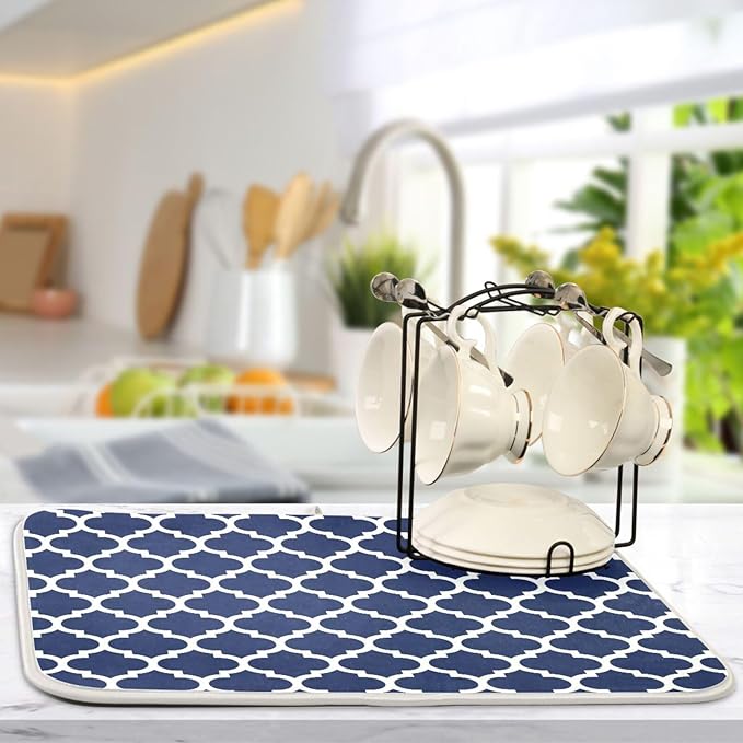 Navy Blue Trellis Lattice Dish Drying Mat for Kitchen Counter Absorbent Microfiber Drying Pad, Medium 16x18 in, Reversible Drainer Mats