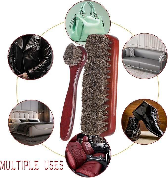 5 Pcs Horsehair Shine Shoes Brush Kit Polish Dauber Applicators Cleaning Leather Shoes Boots Care Brushes Suede Cleaner Brush with Microfiber Shoe (Brown)