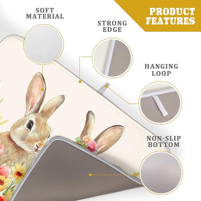 Easter Bunny Dish Drying Mat 18x24 inch Spring Floral Drying Pad Holiday Absorbent Microfiber Dishes Drainer Protector for Kitchen Counter