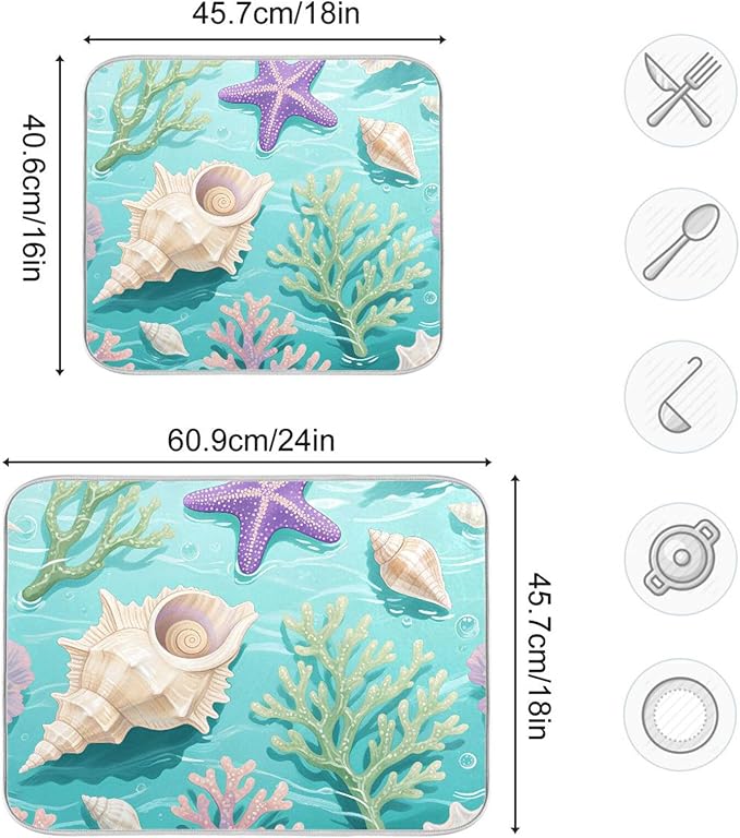 Coral Sea Shells Stars Pattern Dish Drying Mat for Kitchen Counter Super Absorbent Drying Mat 18x24 inch Large Dish Drying Matts for Countertop Protector Dishes Pad