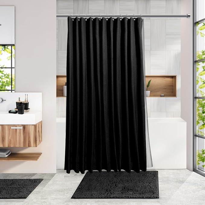 Clara Clark Bathroom Accessories Set - 27PC Bathroom Set with Adhesive Corner Shower Caddy Hanging, Bathroom Sets with Shower Curtain and Rugs, Black Shower Curtain Set with Bathroom Trash Can