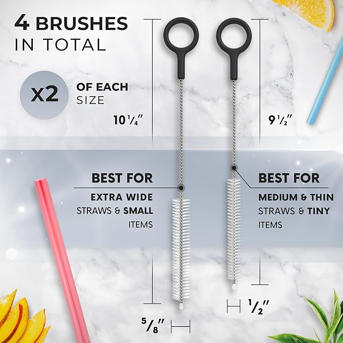 Heavy Duty Cleaning Brushes Set of 4 - Extra Long Straw Cleaners for Metal and Plastic Reusable Drinking Straws, to Clean Small Spaces, Sippy Cups, Water Bottles - Sturdy Hard Brush Bristles