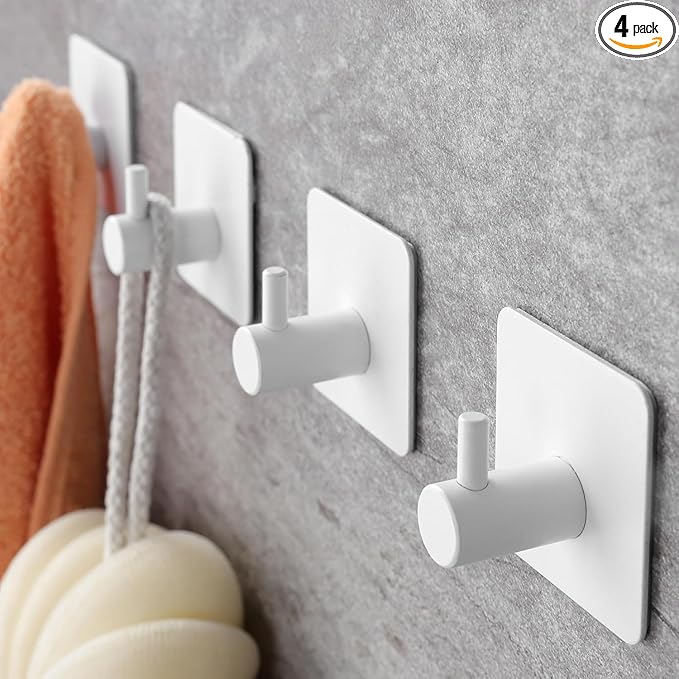 YIGII White Adhesive Hooks - Towel Hook Heavy Duty Stick on Wall Hooks for Hanging Robe/Coat in Bathroom, Bedroom, SUS-304 Stainless Steel, 4 Packs