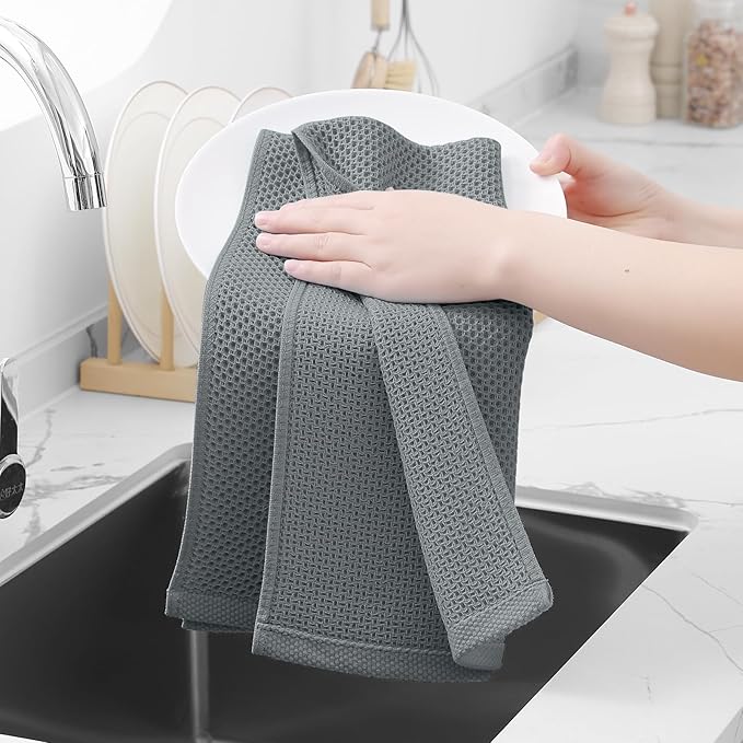 Homaxy 100% Cotton Waffle Weave Kitchen Towels, 3-Pack Ultra Soft Absorbent Dish Towels, Quick Drying Cleaning Towels, 13 x 28 Inches, Grey