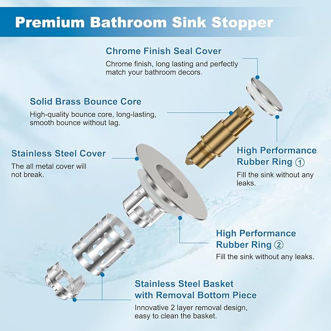 Hibbent Universal Bathroom Sink Drain Strainer, Upgraded 3 in 1 Pop Up Stopper, Removable Stainless Steel Filter Basket, Brass Bullet Core, Hair Catcher Sink Plug for 1.1''~2.36'' Hole, Brushed Nickel
