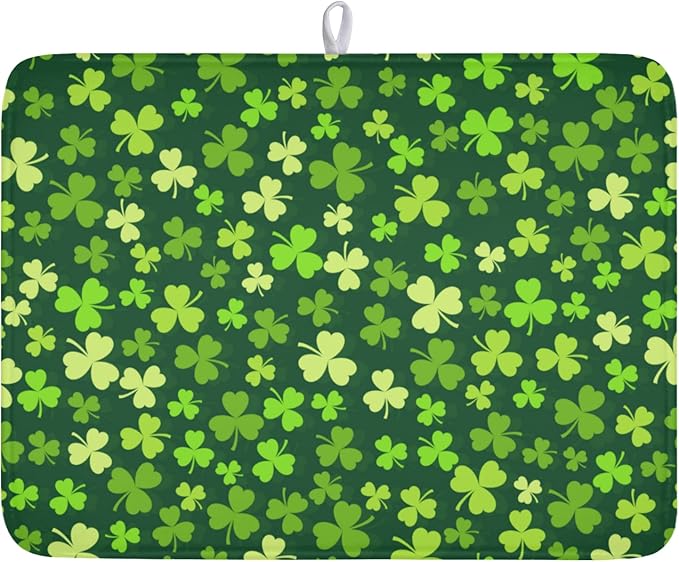St. Patrick's Day Dish Drying Mat for Kitchen Counter,Irish Green Shamrocks Clover Leaves Drying Mat 18 x 24 Inch with Absorbent Reversible Microfiber Dish Drying Pad for Coffee Bar