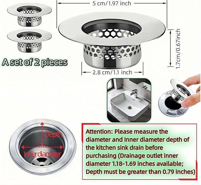 2-Pack Stainless Steel Drain Filter for Bathtub, Shower & Sink – 1.97” Universal Hair Catcher, Clog Preventer for Tub, Floor Drain, Bathroom Sink, Kitchen Sink – Easy Clean, Fast Flow, Odor & Guard