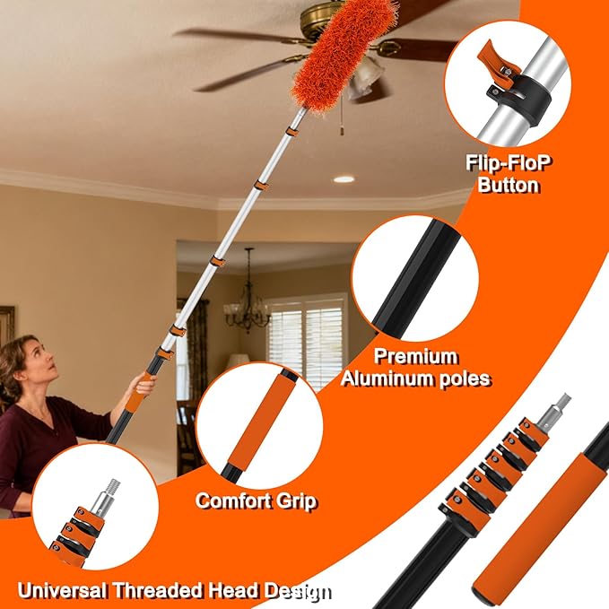 26FT High Ceiling Duster Kits with 5-20FT Telescoping Extension Pole - Fan Blade Cleaner, Cobweb Remover & Window Cleaning Kit, Washable Dust Brush for High Roof and Glass Surfaces