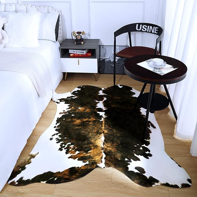 Amearea Faux Cow Hide Rug 5.2x4.6 Feet, Premium Western Home Decor Cow Print Rugs for Living Room, Faux Leather Animal Cowhide Carpet for Bedroom, Dining Traditional Cow Print Stuff Carpets, Brown