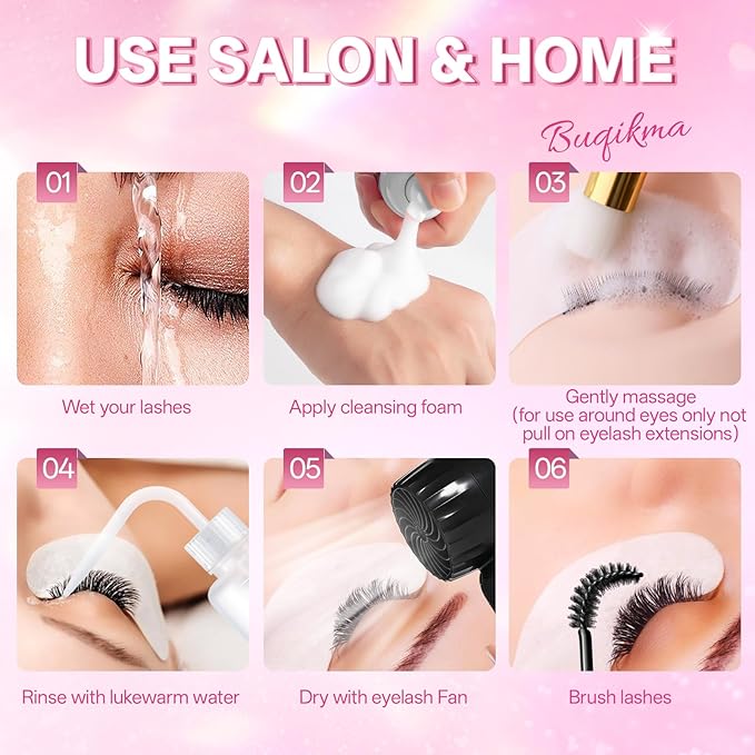 Buqikma Lash Shampoo Kit - Eyelash Extension Cleanser for Extensions 60ML with Rechargeable Handheld Lash Fan Dryer Mascara Brush Rinse Bottle Makeup Cleansing Foam for Lash Care