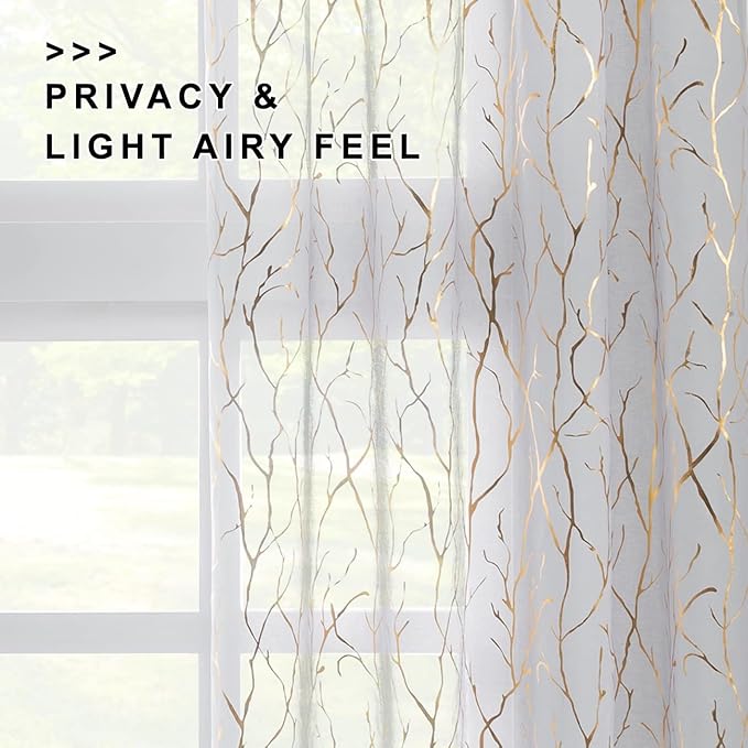 FINECITY Gold Grey Sheer Curtains 84 Inches Long 2 Panels Metallic Gold Foil Tree Branches Patterned Sheer Curtains for Living Room Rod Pocket Privacy Sheer Window Curtains, 52 x 84 Inch