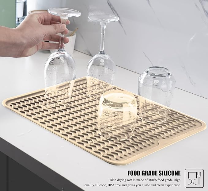 Silicone Dish Drying Mat for Multiple Usage, Easy clean, Eco-friendly, Heat-resistant Dish Drainer Mat for Kitchen Counter,Sink,Refrigerator or Drawer liner (12" x 12", BEIGE)