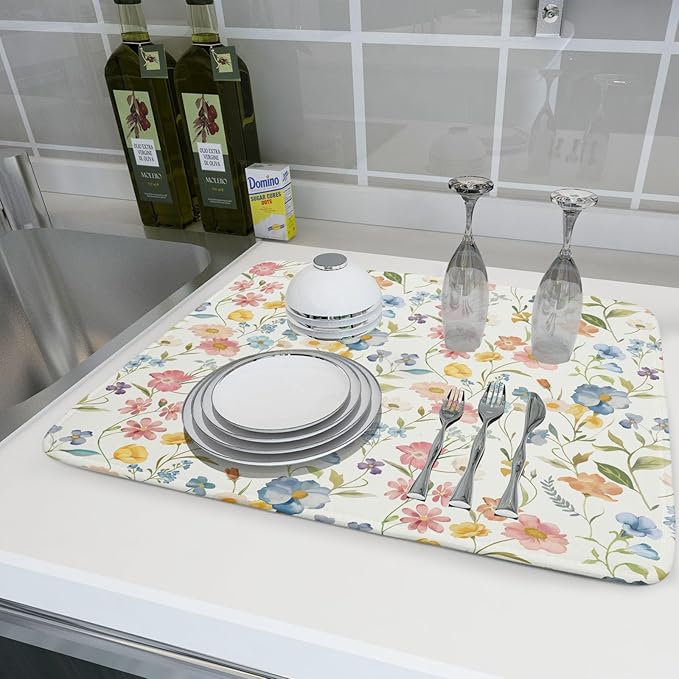 Khope Spring Dish Drying Mat for Kitchen Counter 18x24 Inch Summer Colorful Floral Reusable Washable Drying Pad Countertop Home Decor