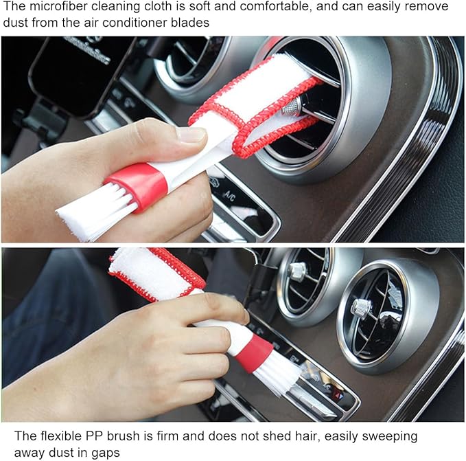 2 PCS Mini Duster for Car Air Vent, Double Ended Automotive Air Vent Microfiber Duster & Brush, Dust Collector Cleaner for Keyboard Window Leaves Shutter, Car Accessories (Red & White)