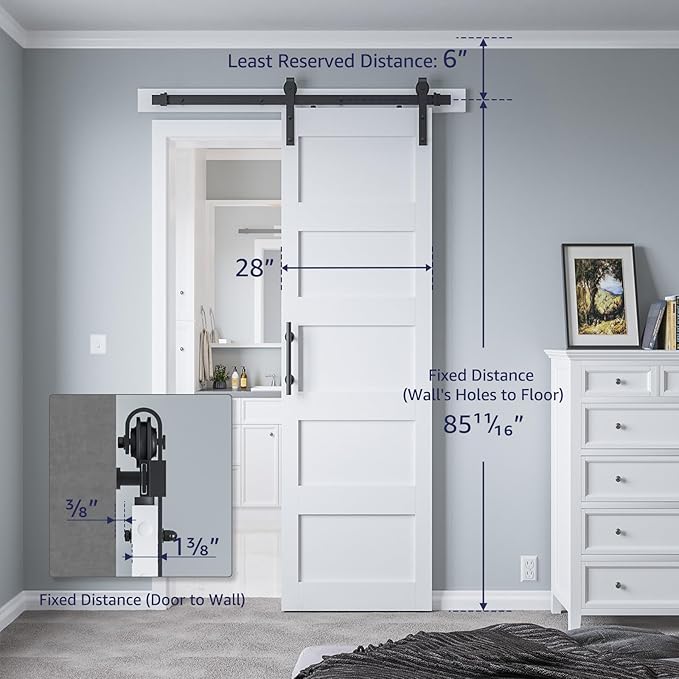 28in x 84in Sliding Barn Door with 5ft Barn Door Hardware Kit & Handle, Pre-Drilled Holes Easy Assembly -Solid Barn Door Slab Covered with Water-Proof PVC Surface, White, 5 Panel