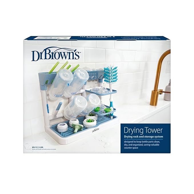 Dr. Brown's Drying Tower, Stand-Up Drying Rack, Countertop Baby Bottle Drying with Organized Storage for Baby Essentials, Space Saving Vertical Rack, Blue