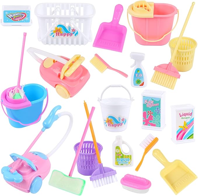 22 Pcs Miniature Dollhouse Cleaning Supplies Mini Bucket Mop Dust Pan Brush Broom Mini Housework Cute Cleaning Supplies Tools Miniature Furniture Dollhouse Decoration Accessories