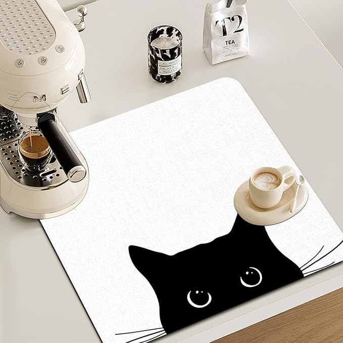 Black Cat Dish Drying Mat - Funny Black Cat Absorbent Dish Drying Mat for Kitchen Counter, Coffee Bar Mat, Coffee Maker Mat for Countertops, 16x17.5 Inch