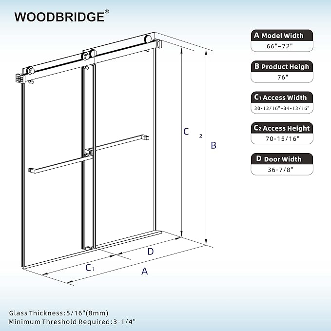 Woodbridge Frameless Tub Doors 66-72" Width x 76" Height with 5/16"(8mm) Clear Tempered Glass, 2 Ways Opening & Double Sliding in Polished Chrome Finish