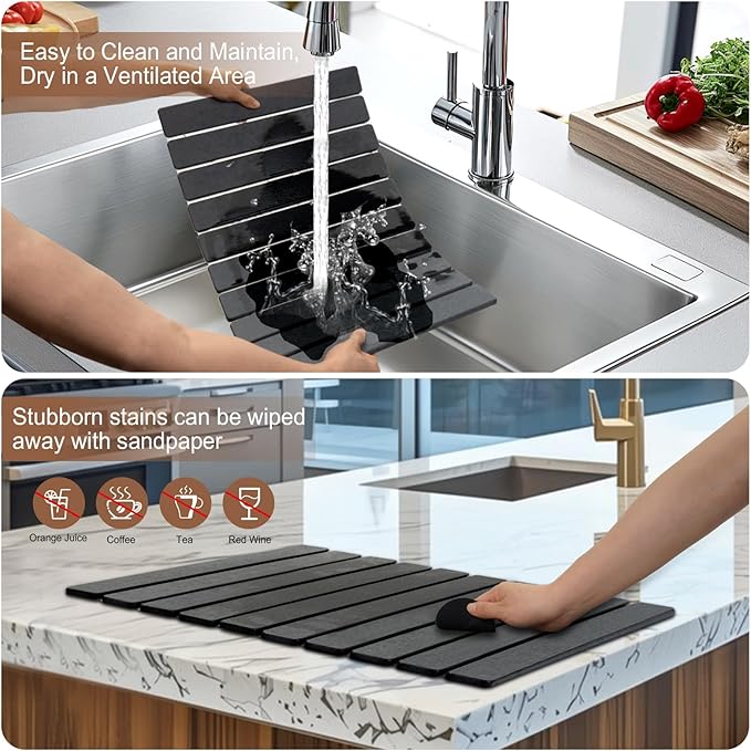 Stone Drying Mat for Kitchen Counter,24"x16" Large Dish Drying Mat,Stone Bath Mat,Quick Drying Fast Absorbent Diatomaceous Drying Matt Kitchen Counter for Dishes Bottles Cups Bathroom Any Countertop