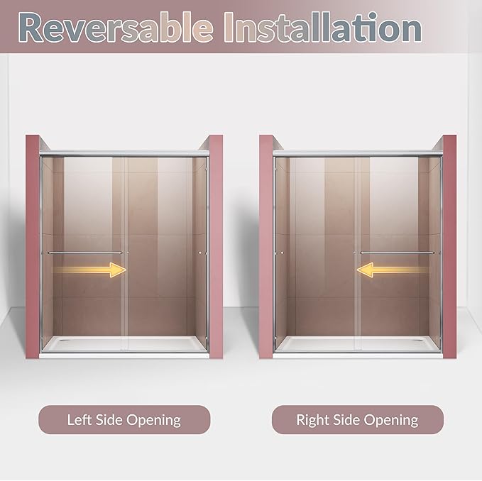 ELEGANT Shower Doors 58.5-60" W x 72" H, Semi-Frameless Bypass Sliding Shower Door, 1/4" Clear Glass, Chrome Finish