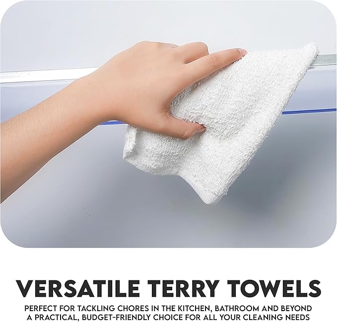 Terry Bar Mop Towels - 60 Pack (14"x17") White Cotton Terry Cloths, Super Absorbent Cleaning Rags, Reusable Bar Mop Towels for Kitchen, Garage, Salon, Spa & Commercial Use