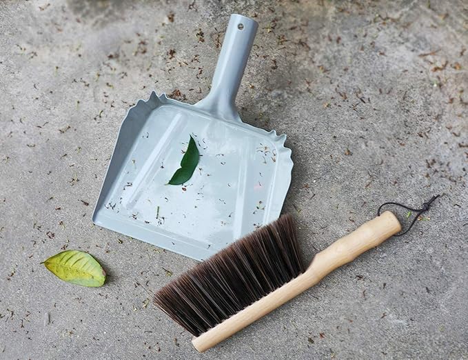 Metal Dust Pan and Brush Set Soft Bristle Wooden Broom Heavy Duty Pan Portable Size