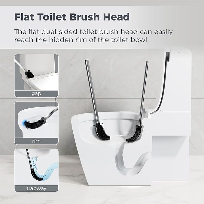 Silicone Toilet Brush Holder Set,TPR Toilet Bowl Brush with Long Stainless Steel Handle and Flexible Bristles,Deep Cleaning & No-Scratch Toilet Scrubber, Sleek Toilet Brush with Weighted Base (2, SS)