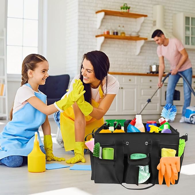 Wearable Cleaning Caddy Organizer with Handle & Shoulder Straps for Cleaners, 5 Compartments, Housekeeping Tote for Kitchen & Bathroom, Car Tool Caddy Organizer Bag (black)