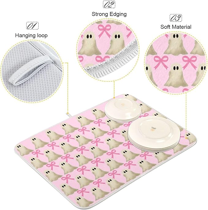 Halloween Ghost Bow Dish Drying Mat for Kitchen Countertop 16x18 Pink Bowknot Spooky Small Drying Mat Reusable Quick Dry Dish Sink Mats Easy Clean Decorative Essentials