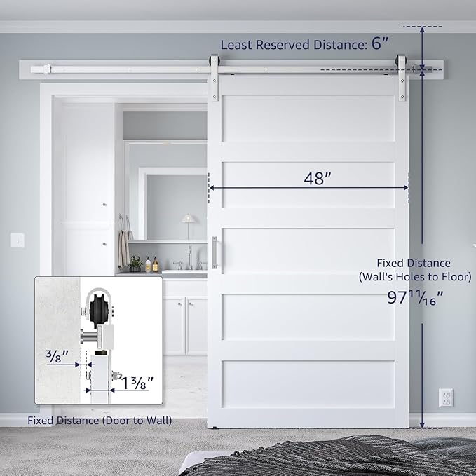 48in x 96in White Sliding Barn Door with 8ft Brushed Nickel Barn Door Hardware Kit & Handle, 5-Panel, Pre-Drilled Holes Easy Assembly, Water-Proof PVC Surface