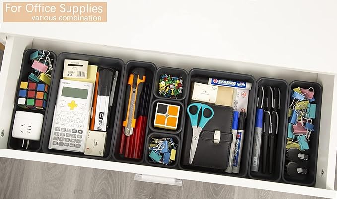 15 PCS Interlocking Desk Drawer Organizer Separator for Office,Bathroom,Kitchen,Makeup（Black）