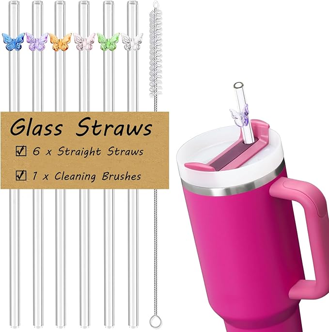 Glass Replacement Straw Compatible with Stanley 40 oz 30 oz Cup Tumbler, 6-Pack Reusable Cute Straws with Cleaning Brush, Clear