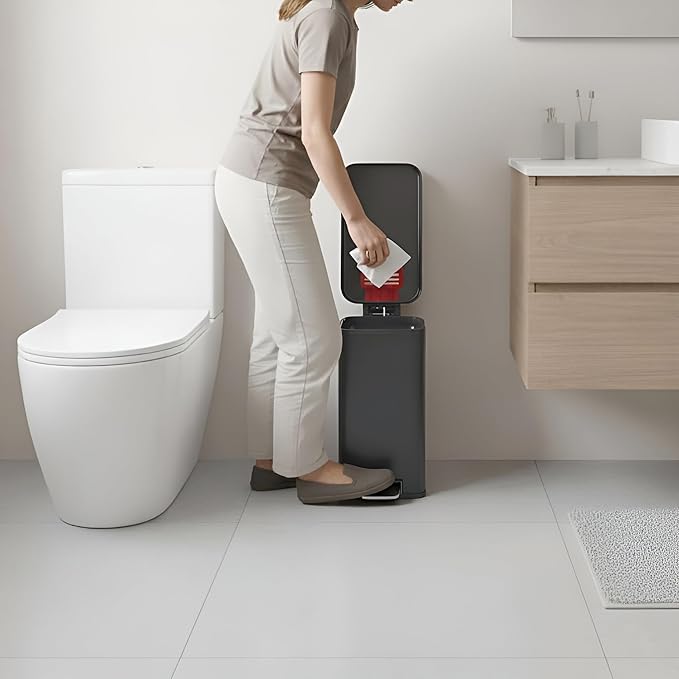 iTouchless 3 Gallon Slim Bathroom Trash Can with Lid, Odor Filter, Soft-Step Stainless Steel Pedal Bin for Narrow Spaces, Fingerprint-Proof Wastebasket for Home Office Modern Tech Decor, Gunmetal Gray