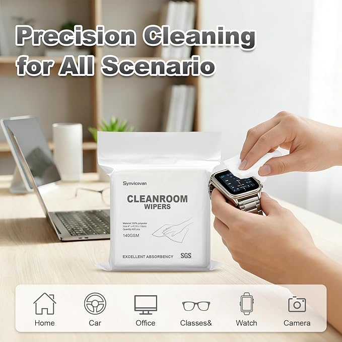 Cleanroom Wipers 4"x4"(400 Pcs, 100% Polyester, Class 100, 140GSM) Double Knit 100% Lint Free Cloths with Ultra-fine Filaments, Laser Sealed Edge Ultra-Soft Wipers