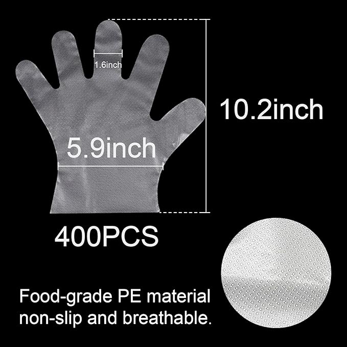 400 Count Disposable Plastic Gloves, Food Safe, Latex-Free & Powder-Free – Waterproof Clear Poly Gloves for Cooking, Cleaning, Food Prep, Pet Care & Household Use, One Size Fits Most House Clean.