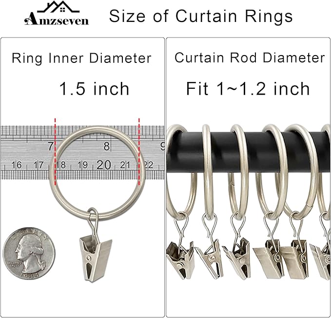 100 Pack Metal Curtain Rings with Clips, Drapery Clips Hooks, Decorative Curtain Rod Clips 1.5 in Interior Diameter, Matte Silver