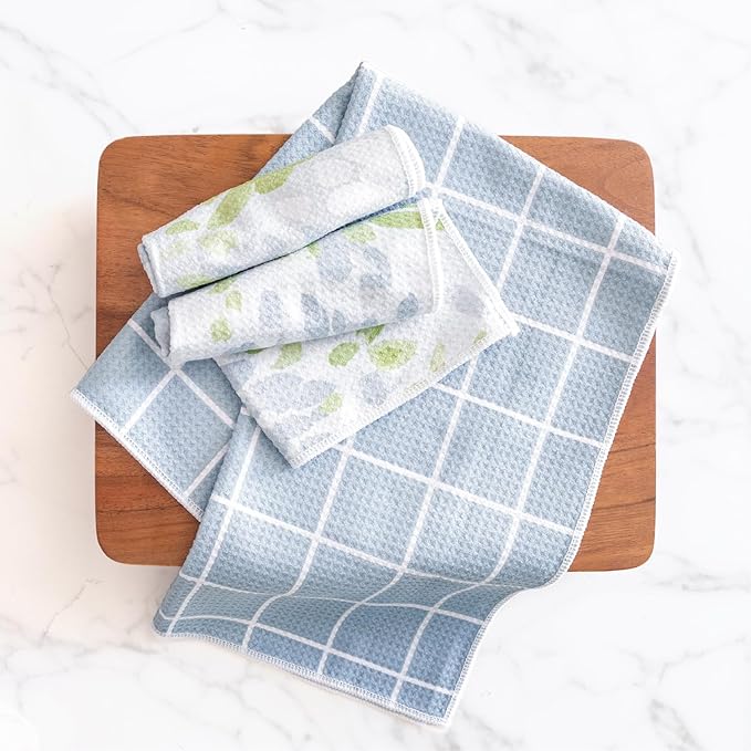 ELYN Microfiber Kitchen Dish Cloth Set, Quick-Dry & Absorbent Waffle Weave Cleaning Towels, Set of 6 Wash Cloths, Paper Towels & Sponge Alternative (Oranges & Gingham)