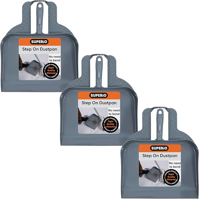 Superio Heavy Duty Plastic Step-on Dustpan with Comfort Grip Handle Grey, Durable, Lightweight Multi Surface Dust Pan Easy Broom Sweeping, 10-inch Wide, 3-Pack