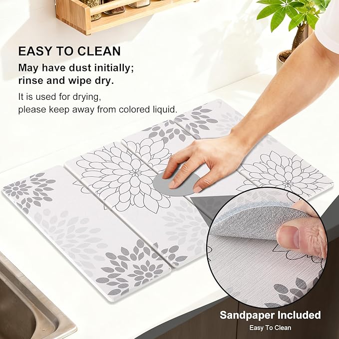 3 PCS Large Stone Dish Drying Mat for Kitchen Counter, Quick Dry Stone Dishes Mats Cup Coasters, Sink Faucet Mat, Water Absorbing Diatomaceous Earth Drying Pad for Countertop Tableware, Bottles