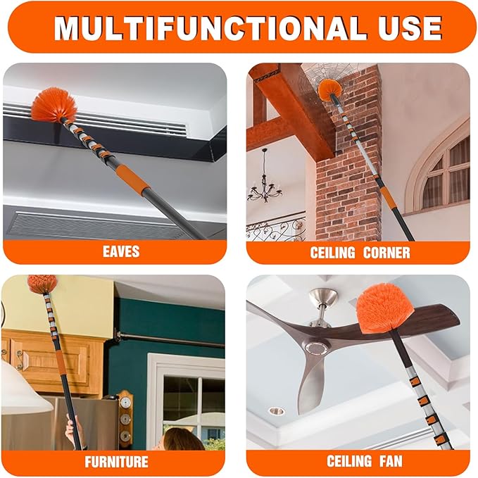 30FT Reach Cobweb Duster with Extension Pole, High Ceiling Long Duster with 5-24FT Telescoping Pole, Spider Web Brush for Indoor Outdoor Use