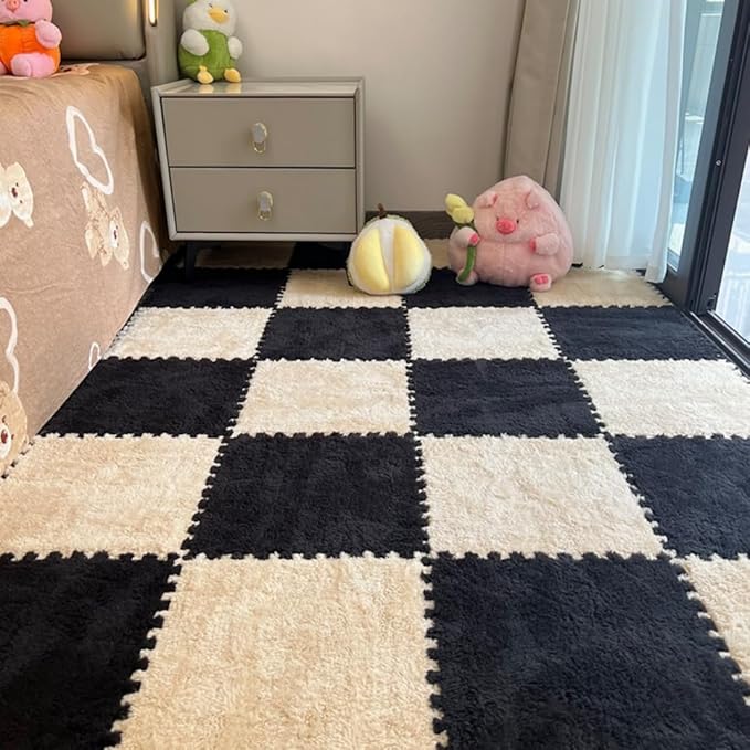 12Pcs Interlocking Carpet Tiles,12"x 12" Plush Interlocking Foam Carpet Tiles with Border,Fluffy Play Mat Floor Tiles Thick Padded Squares Foam Tiles for Playroom Decor (Khaki+Black)