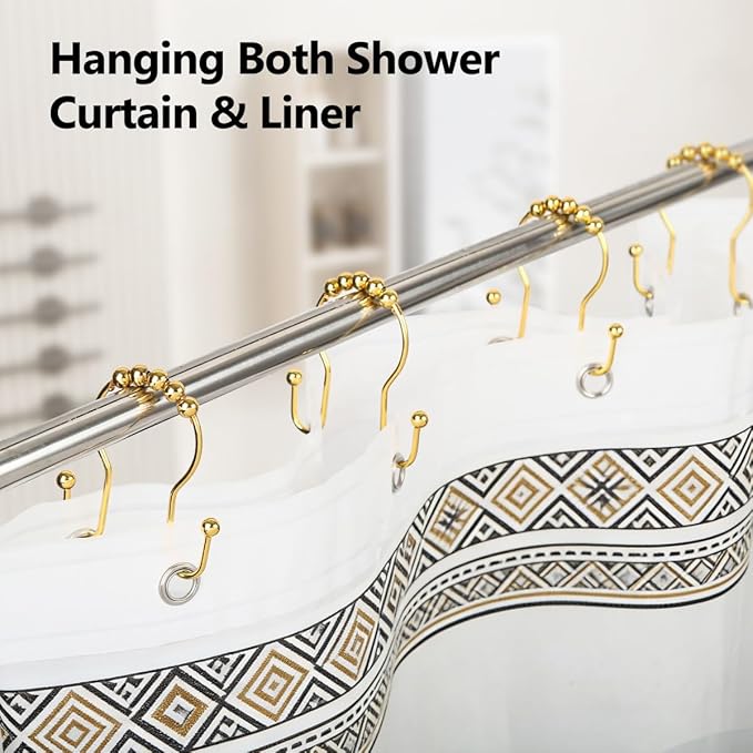 Double Shower Curtain Hooks, Sturdy Metal Nickel Shower Curtain Rings, Glide Roller Shower Hooks,Rust Proof Anti-Drop Curtain Hooks, 12 Pcs Smooth Sliding Rings for Bathroom Shower Rods Curtains
