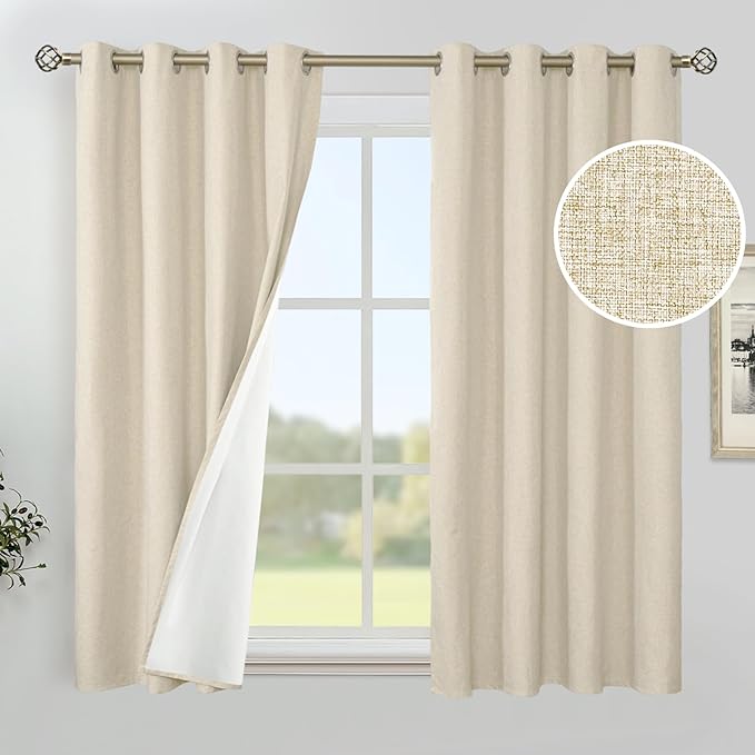 YoungsTex 54 Inch Length Natural Linen 100% Blackout Curtains for Bedroom, Short Thermal Insulated Drapes with Grommet Full Room Darkening for Living Room Window, 2 Panels, 52 X 54 Inch