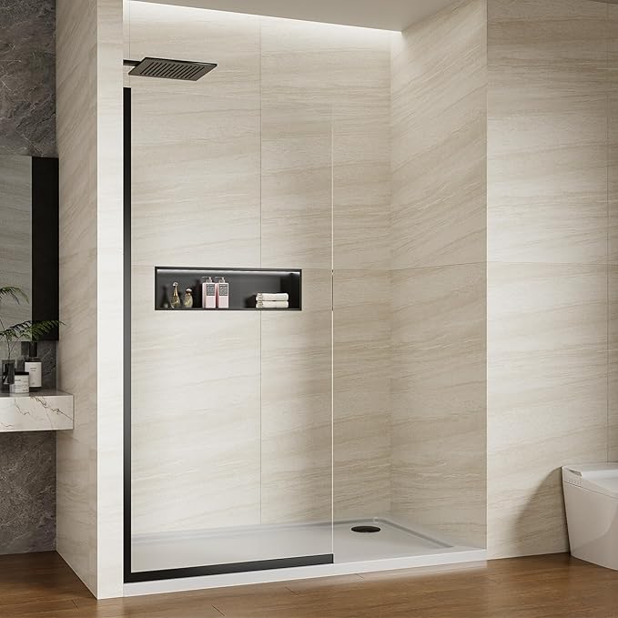 Shower Screen 36" x 76" Half Frameless Shower Wall Panel, Tempered Glass 3/8 inch, Easy to clean Coating, Fixed Glass Shower Door with Hardware (Matte Black)