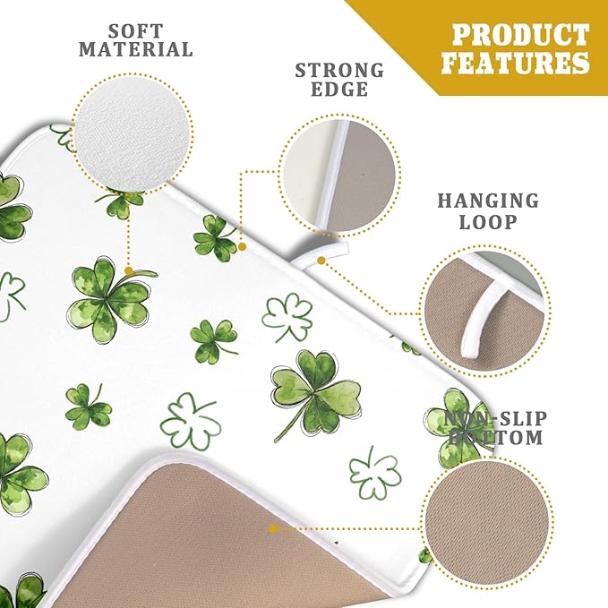 St Patricks Day Dish Drying Mat for Kitchen Counter Cute Shamrocks Holiday Microfiber Absorbent Dish Draining Reusable Washable Foldable 16"x18"