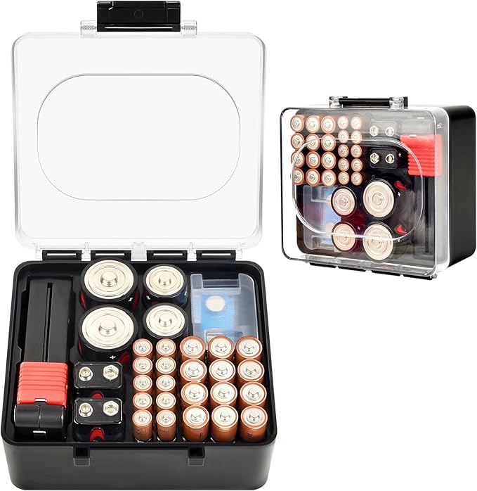 FULLCASE Plastic Battery Organizer with Tester, Battery Storage Case for AA AAA C D 9V Batteries, Portable Battery Holder Box for Home, Travel & Emergency Kits(Case Only) Black